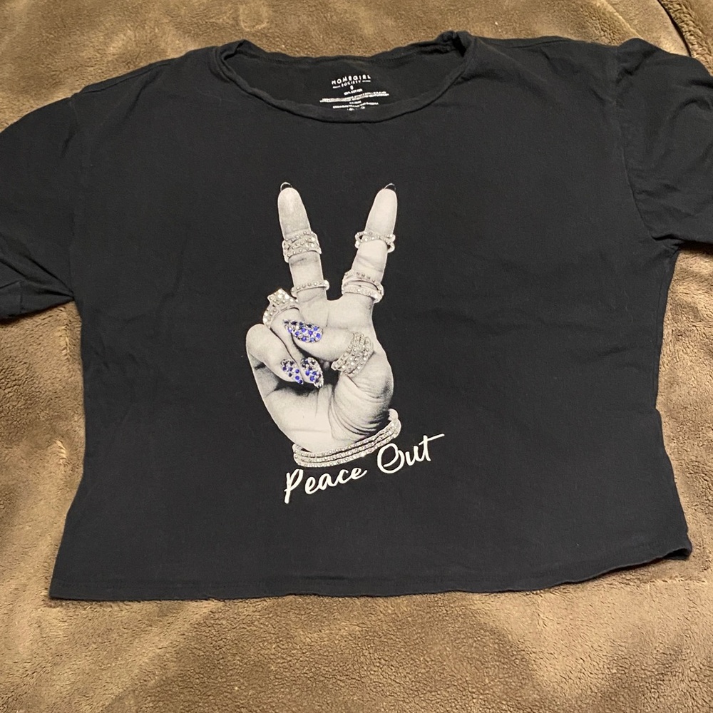 Homegirl Society Black Cropped Tee with Peace Out Graphic.